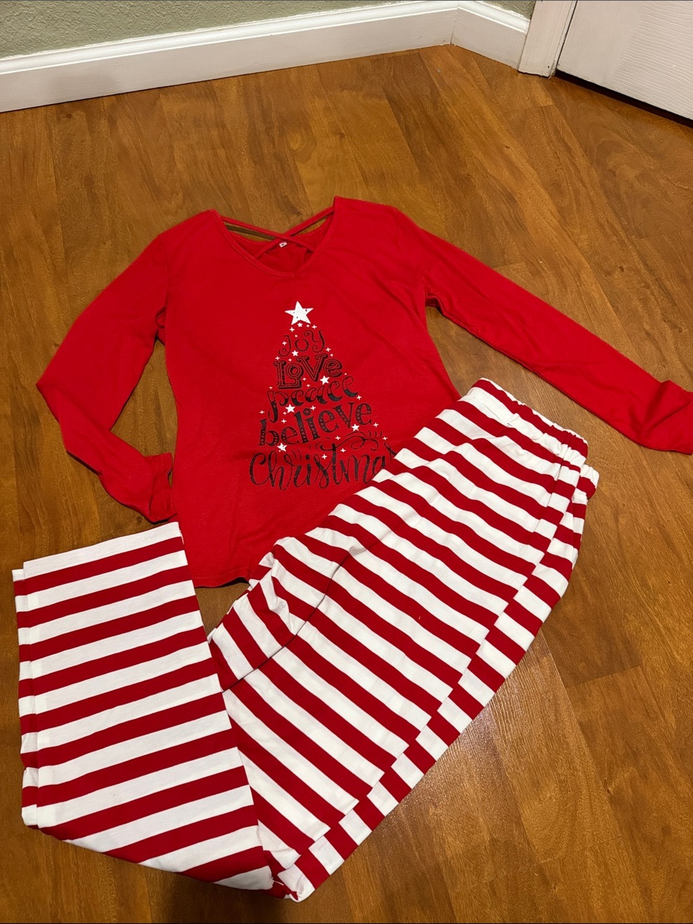 Red Women's Christmas Pajama Set - Long Sleeve Top & Striped Pants
